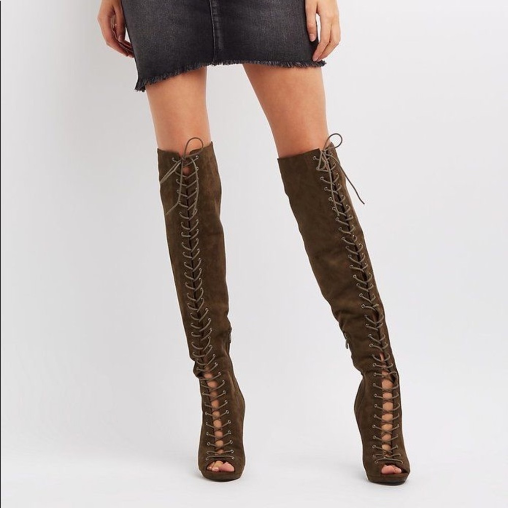 Charlotte Russe BLACK High Suede Lace Up Boots